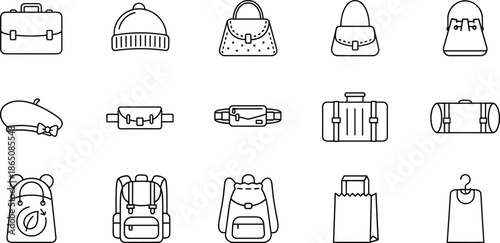 Fashion accessory line icon set featuring handbags, backpacks, briefcases, suitcases, winter hats, berets, waist bags, paper shopping bags and luggage.