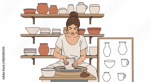 Focused potter shaping clay on wheel in studio.