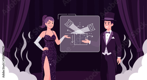 Magician and Assistant Performing Magic Trick on Stage.