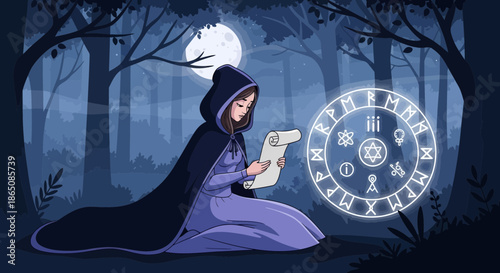 Mystical Witch Reading Ancient Scroll Under Moonlight in Enchanted Forest.