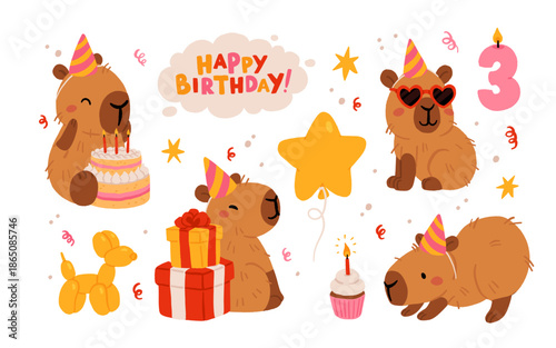 Happy birthday party set with cute capybaras. Vector collection of Funny amusing capybara characters celebrating birthday. Childish baby adorable nice animals cliparts.