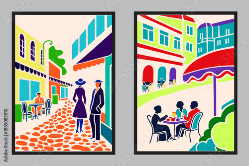 1960s European café street scene, simplified illustration, retro color grading, film grain texture, stylish vintage travel poster look