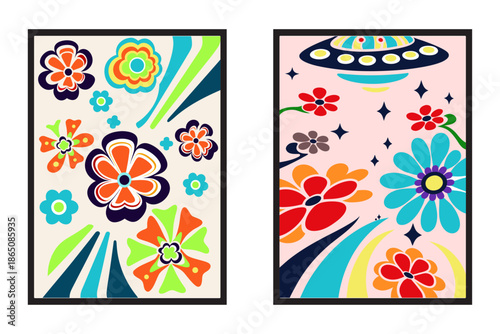 1970s retro floral poster with abstract blossoms, earthy browns, oranges, and cream colors, classic wall art composition