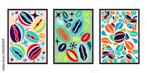 Abstract coffee bean composition, 1960s graphic design style, organic shapes, bold flat colors, retro typography accents, vintage poster look