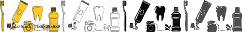 Set of dental hygiene icons toothbrush, toothpaste, mouthwash, and teeth in various styles