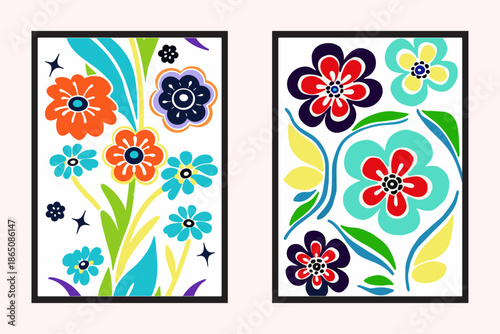 Mid-century modern floral poster featuring abstract flowers, muted orange, olive green, and mustard tones, flat retro design