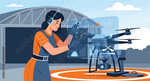 Woman in headset inspecting drone with holographic display.