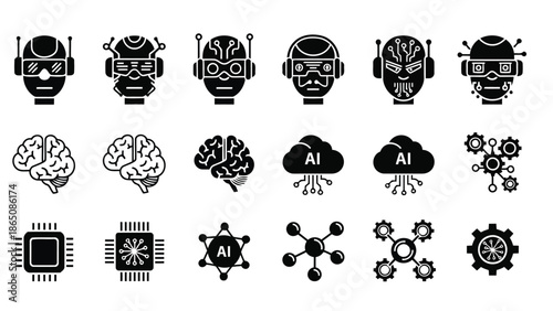 Artificial intelligence icons robotic heads brains circuits and network connections