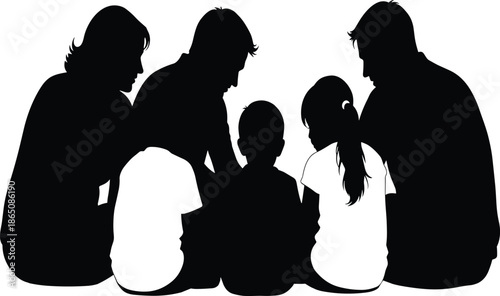 Family silhouette illustration showing parents and children sitting together symbolizing love, unity, parenting, support, togetherness, and meaningful family bonding moment