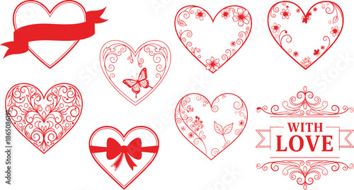 Decorative red heart illustration set with floral ornaments, ribbons, and romantic typography expressing love, affection, and Valentine celebration design elements