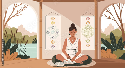 Woman in meditation writing in a serene outdoor setting.