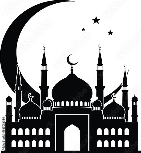 Islamic mosque silhouette with crescent moon and stars representing Ramadan night, spiritual faith, prayer, and holy celebration illustration