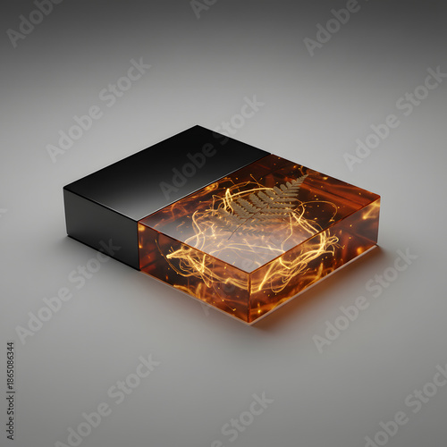 Luxury Amber Resin Block with Golden Fern Leaf and Glowing Energy Lines Concept