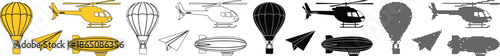 Set of various air transportation icons and symbols in different styles, including color, outline, and halftone dot patterns