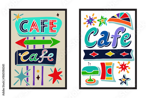 Retro café signage illustration, 1960s advertising style, hand-drawn lettering, starbursts and arrows, faded paper texture, classic diner vibe