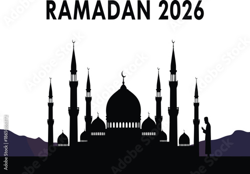Ramadan 2026 mosque silhouette with minarets and praying figure symbolizing Islamic faith, fasting, night worship, and spiritual celebration
