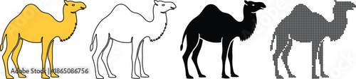 Set of four camel icons or silhouettes in different styles solid color, outline, black silhouette, and checkered pattern