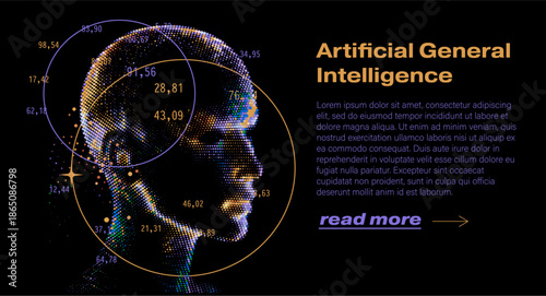 Human head in profile made of colorful glowing dots with circles and scattered numerical data points on a dark background. Conceptual vector illustration for artificial general intelligence or AGI.