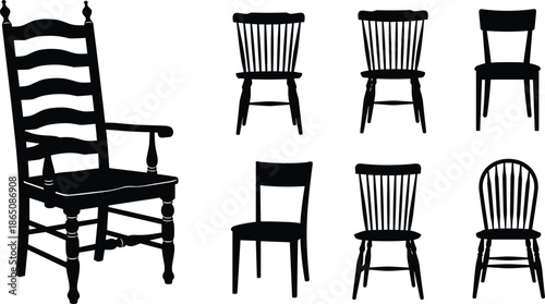 Wooden chair silhouettes collection, classic furniture design set, vintage dining and armchair styles, interior decor elements, black vector illustration isolated