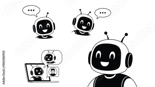 Charming robot characters with antennas and friendly expressions for digital communication
