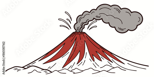Erupting volcano illustration with red lava and grey smoke clouds