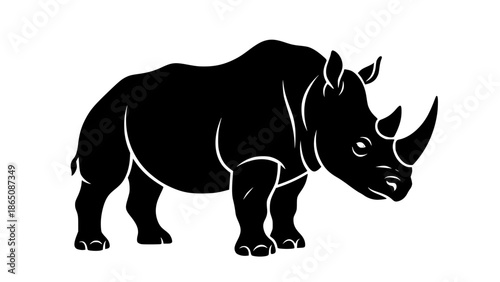 Striking black and white graphic silhouette vector illustration of a rhinoceros featuring its distinctive thick skin and prominent horn design element