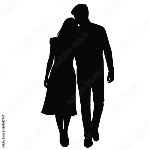 Silhouette graphic of a loving couple walking together intimately with the man affectionately embracing the woman's shoulder area.