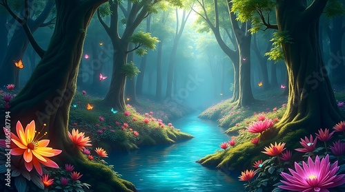 A vibrant forest, blooming flowers with a stream flowing through. Beauty of nature concept background.