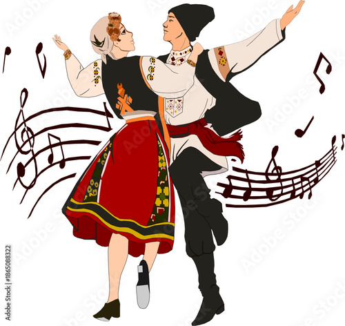 Traditional Moldovan Romanian folk dance illustration with a boy and girl dancing in pair, wearing authentic national costumes.