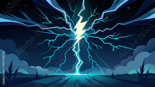 Powerful lightning strike at night