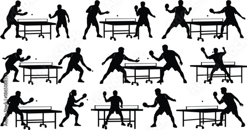 Table tennis player silhouettes in dynamic poses with paddles and tables, showcasing sport action, movement, and competitive gameplay scenes.
