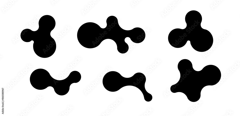 Fototapeta premium Metaball shapes with connected dots and morphing blobs. Geometric fluid organic metaball forms. Logo Vector