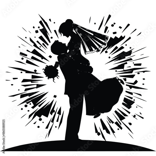 Striking black silhouette artwork capturing a joyous groom lifting his beautiful bride during a celebratory moment.