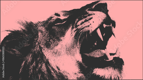 Lion head roaring in a bold graphic style. Black and pink vector illustration featuring wildlife and nature elements in a detailed texture set.