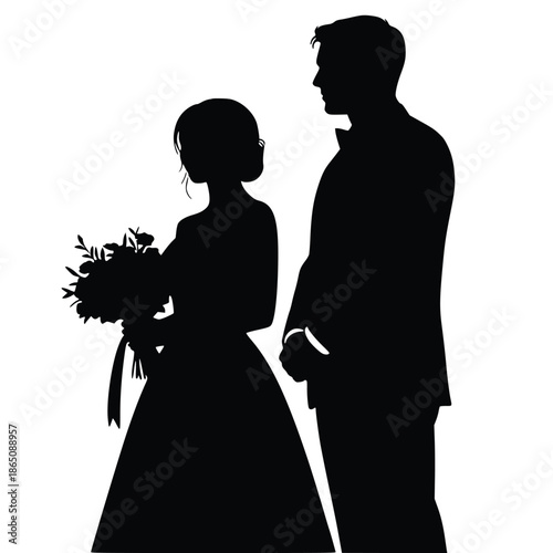 Striking black silhouette graphic depicting a newly married bride holding a detailed bouquet beside her groom wearing formal attire.