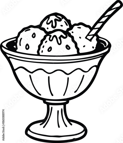 A delightful coloring page of a classic ice cream sundae in an ornate glass bowl with a spoon