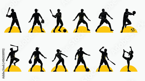 Silhouettes of athletes performing various sports against a yellow backdrop