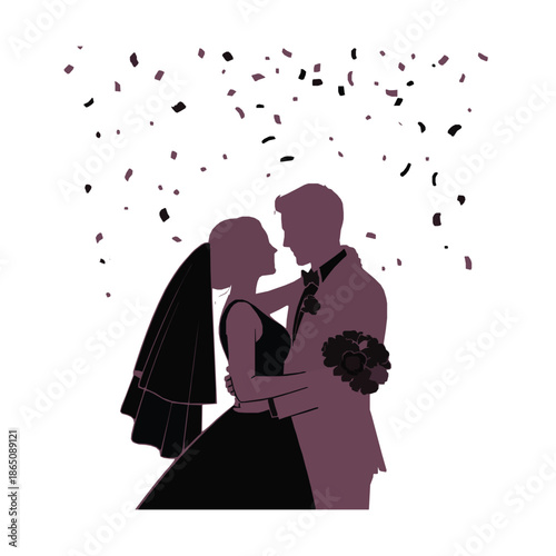 Silhouette of a newly married bride and groom embracing tenderly under falling celebratory confetti is truly romantic.