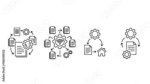 Line icons depicting data management cloud storage and system processes