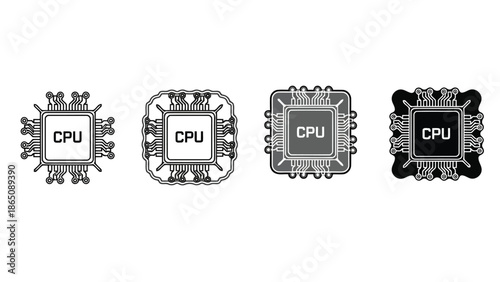 Four distinct black and white illustrations of computer processing units