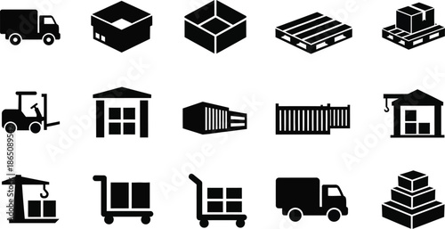 Black logistics and delivery icons set on transparent background silhouette