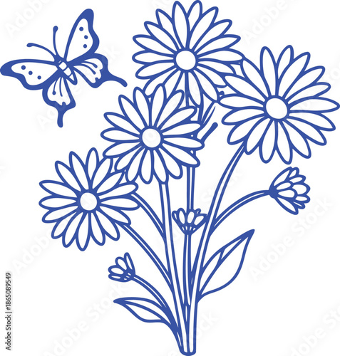 Blue outline drawing of a butterfly gracefully fluttering around a vibrant bouquet of daisy-like flowers