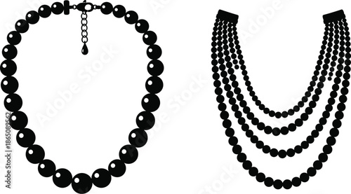 Two black bead necklaces a single strand and layered on transparent background silhouette