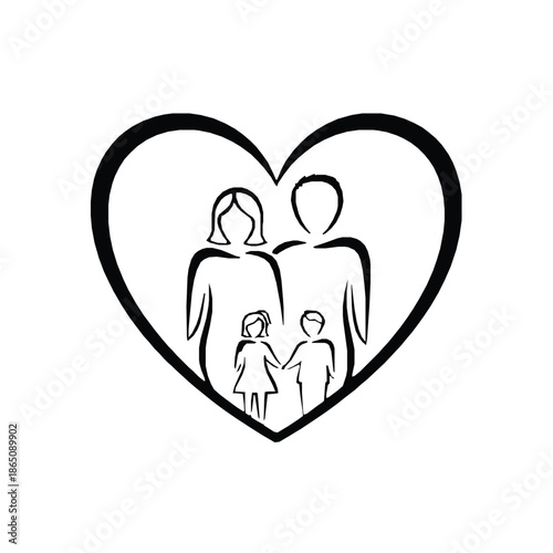 Simple black and white line art icon depicting a loving nuclear family unit sheltered safely inside a large heart shape