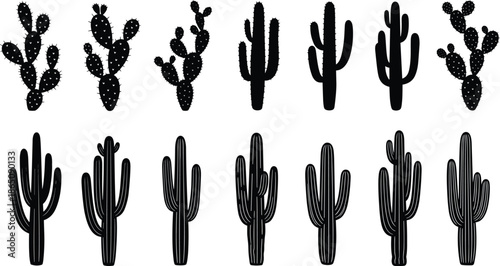 Black Silhouette Cactus Collection Featuring Prickly Pear and Saguaro Shapes for Botanical, Desert, Nature, and Plant-Themed Vector Design