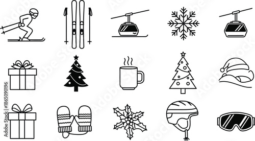 Winter sports and holiday icons set perfect for design on transparent background silhouette