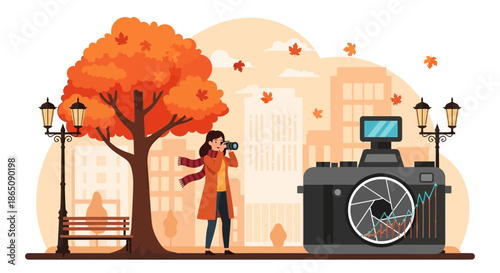Woman Capturing Autumn Scenery with Camera A Moment of Artistic Inspiration.