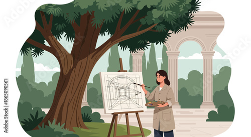 Artist at Work Capturing Architectural Beauty on Canvas Outdoors.