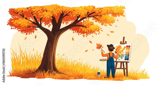 Artist Painting Autumn Scene Under a Tree with Falling Leaves.