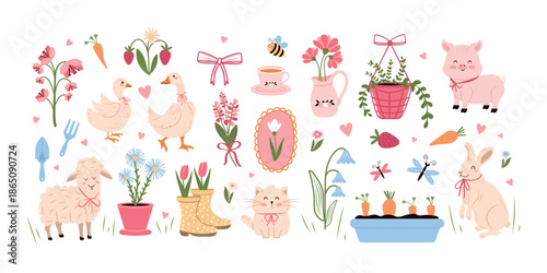 A set of spring and summer elements and animals hand-drawn in a vintage style. Vector design.